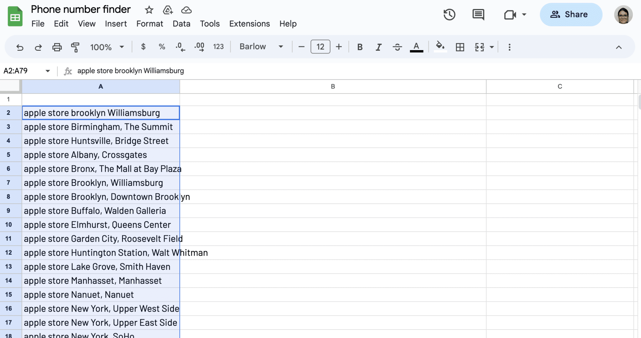 Input list of businesses