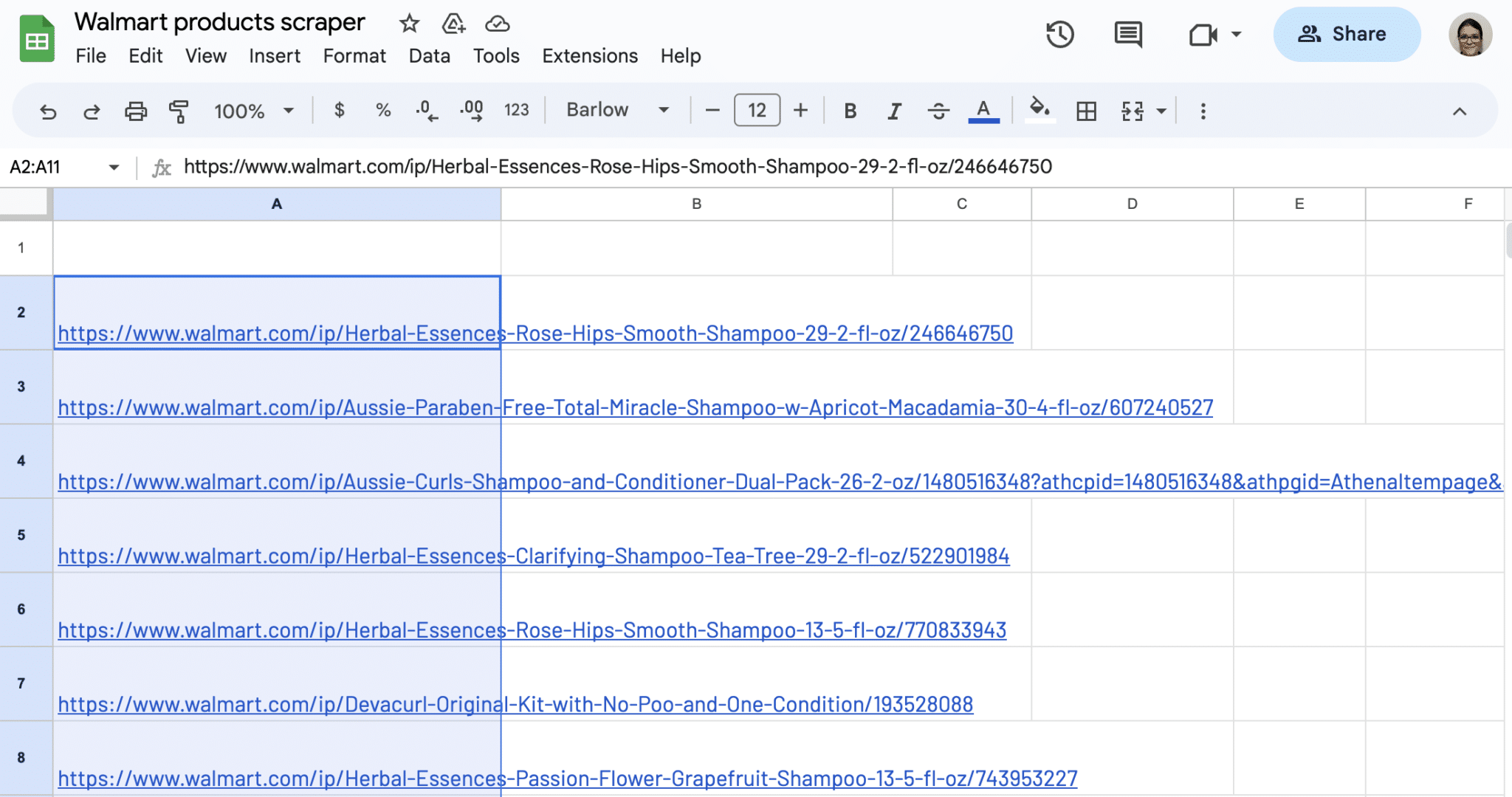Input Walmart product URLs